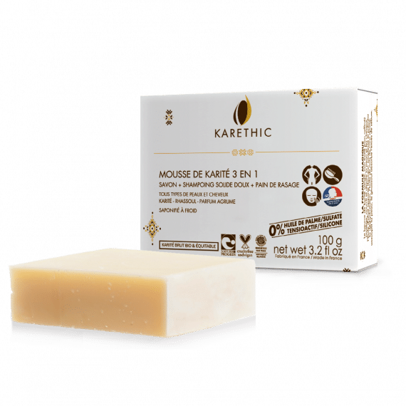 Un savon shampoing solide à l’agréable senteur d’agrumes et au beurre de karité bio